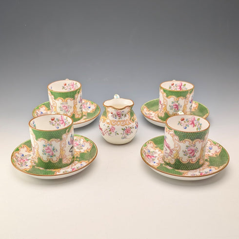 Early 20th Century Minton (England) Cockatoo Green Demitasse Cups & Saucers, 4-piece Set & Cream Jug